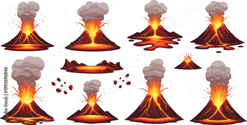 Volcanic Eruption Scene Set with Lava, Smoke, Ash, and Fire Explosion for Nature, Disaster, Geography, and Game Illustration Designs
Volcanic Eruption Scene Set with Lava, Smoke, Ash, 