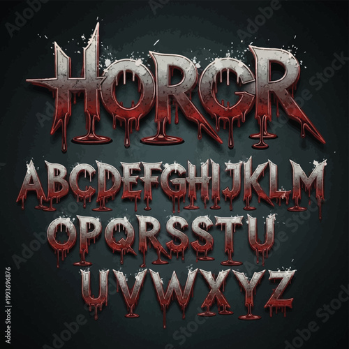 A dark and menacing gothic-style title featuring "HORROR" in spiked, blood-textured letterforms with sharp highlights, designed for horror genre film posters or gaming covers.