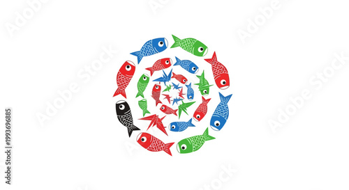 Colorful fish swimming in circle formation.