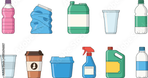 Plastic bottles and containers set with reusable cups, cleaning spray, detergent and takeaway coffee in flat cartoon vector illustration style