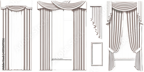 Classic Curtain and Window Drape Sketch Set with Valance and Panel Styles for Interior Design, Architecture, and Home Decor DesignsClassic Curtain and Window Drape Sketch Set with Valance 