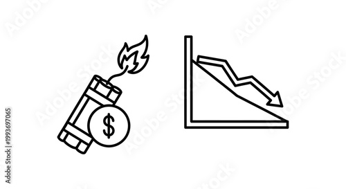 Burn rate icon showing financial decline and exploding money with spending explosion bankruptcy economic recession downward decrease business investment overhead management strategy