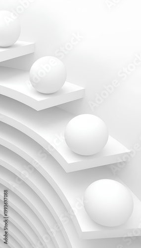 Minimalist white spheres on curved steps in soft monochrome lighting for modern design concepts
