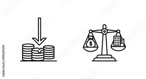 Debt-to-equity ratio icons: falling coins and financial scale with business investment building liability valuation analysis financial corporate management creditor illustration