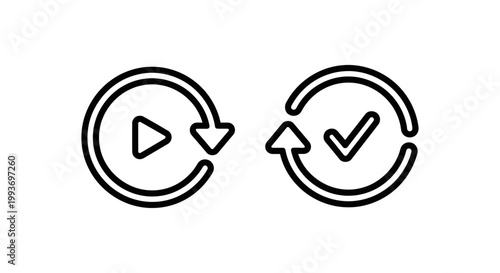Sync start and sync complete icons with play and checkmark symbols complete checkmark workflow technology communication exchange transfer download connection internet interface management