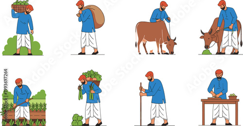 Farmer daily life activities set with carrying vegetables, feeding cow, harvesting crops and working in rural village cartoon vector illustration
