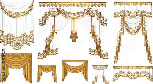 Luxury Gold and White Curtain Drape Set with Ornate Valance, Tassel, and Fringe for Royal, Baroque, and Interior Decoration Designs
Luxury Gold and White Curtain Drape Set with 