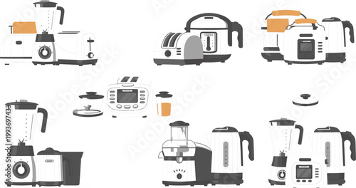 Kitchen Appliance Set with Blender, Electric Kettle, Pressure Cooker, Toaster, and Food Processor for Home and Cooking Design ProjectsKitchen Appliance Set with Blender, Electric Kettle, Pressure 