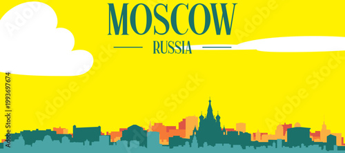 A colourful vector cityscape with sunset tones representing retro minimalist tourist poster skyline of MOSCOW, RUSSIA