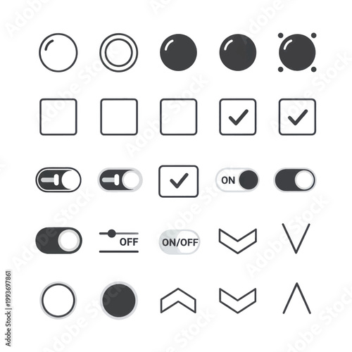 Collection of minimalist UI icons including circles, squares, toggles and arrows.