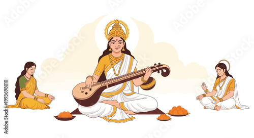Vector illustration of Saraswati Puja on Vasant Panchami, depicting people celebrating the ancient Hindu festival with traditional music and art against a clean white background