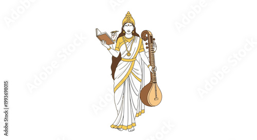 Stylized vector illustration of Saraswati, the Hindu goddess of knowledge, music, and art, holding a book and veena, set against a clean white background in a graphic design