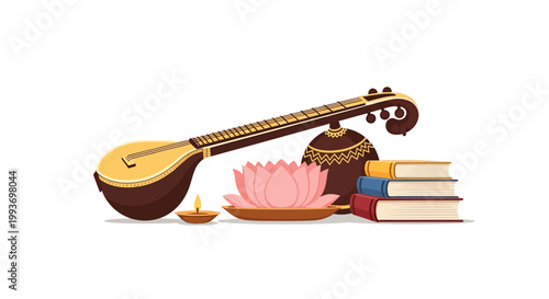 Illustration celebrating Vasant Panchami and Saraswati Puja, depicting a veena, lotus flower, and books in a flat vector design against a clean white background, symbolizing knowledge