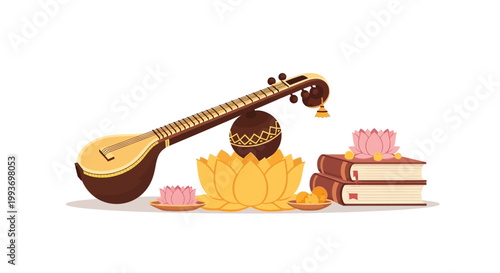 A vector illustration of Vasant Panchami displays a veena leaning on a decorated pot, with lotus flowers and books conveying a religious and cultural event against a clean white background