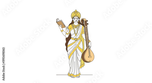 An icon depicting Saraswati, the Hindu goddess of knowledge and arts, holding a book and veena, in a colorful vector illustration celebrating the ancient Vasant Panchami religious event