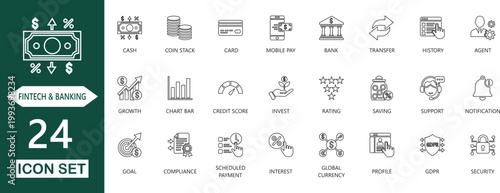 Fintech and Banking  Icon Set . included credit card,  transfer, economy, history, planning, finance, and various editable line icons.