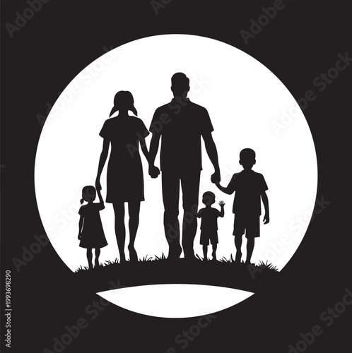 Children Holding Hands on a Happy Family on Grass Field Black Silhouette