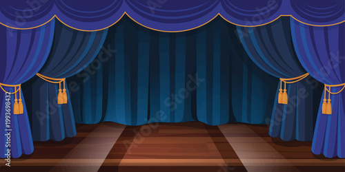 Blue velvet theater curtain with spotlight stage backdrop