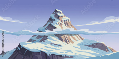 Snowy mountain landscape with sea, sky and icy winter reflection