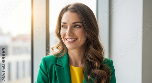 Free Download A confident young woman smiles brightly while standing by a window, dressed in a green blazer and yellow top. - GFXLoad