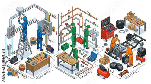 International Labor Day vector illustration showing various workers at their stations
