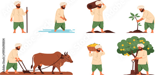 Farmer daily activities set showing planting, harvesting, carrying wood, plowing with ox and watering crops in flat cartoon vector style