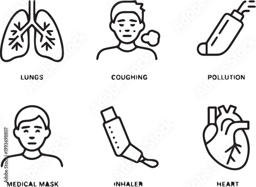 A medical illustration showing lungs, coughing, pollution, medical mask, inhaler, and heart