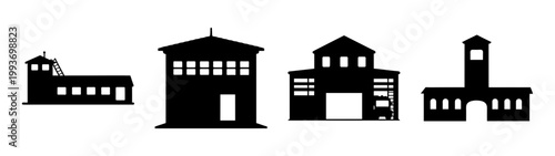 four classic fire station buildings flat design vector illustration