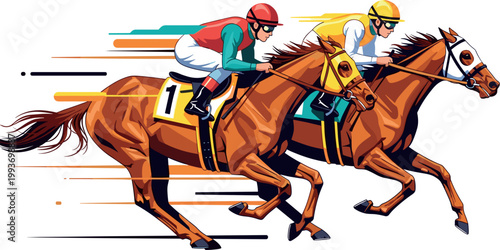 Illustration of Horse racing jockeys on brown horses speeding