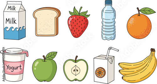 Healthy food and drink icons set including milk, bread, fruits, yogurt and water in clean cartoon vector illustration style