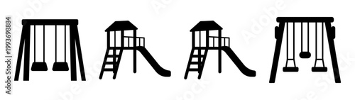 four wooden playground slides and swings set flat design vector illustration