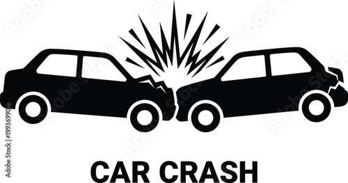 This black and white vector illustration depicts a simple car crash design featuring two colliding vehicles in a minimalist style