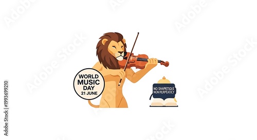 Lion playing violin world music day june 21 classical music animal character illustration festive celebration