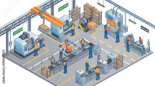 International labor day vector illustration of a busy factory interior with workers