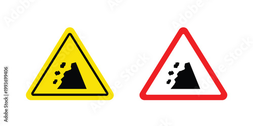 Falling rocks or debris warning road sign. Line and glyph solid vector collection.