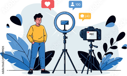 Illustration of Man recording video with camera and ring light