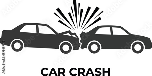 Minimalist vector illustration depicting a violent car collision with sharp abstract impact lines showing two sedan vehicles hitting each other