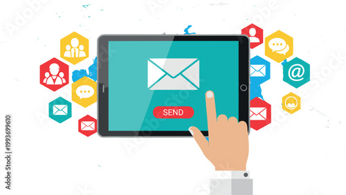 Illustration of Hand holding tablet with email inbox on screen