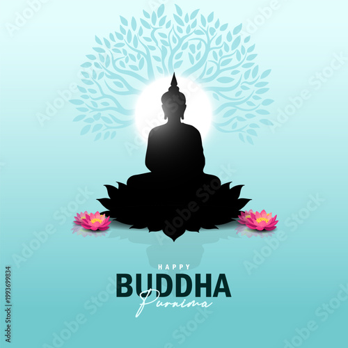 Buddha Purnima social media post template with minimalist teal theme and lotus flowers Vesak Day celebration with Lord Buddha silhouette and glowing Bodhi tree