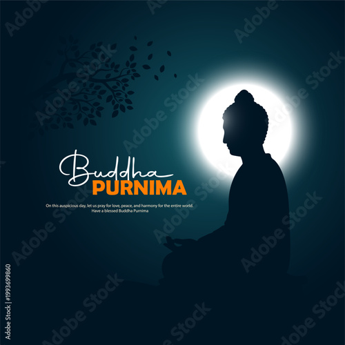 Buddha Purnima social media post template with silhouette, tree branch, and spiritual halo