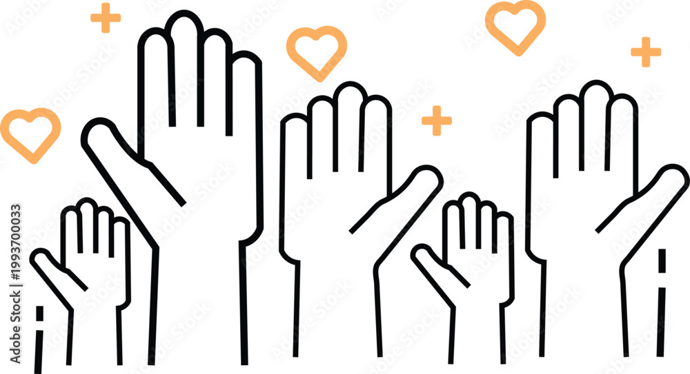 Obraz premium Hands raised with hearts and plus signs around symbolizing love and approval