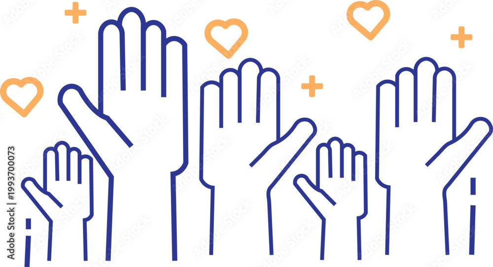 Fototapeta premium Hands raised with hearts and plus signs around them in blue and orange colors symbolizing support and care