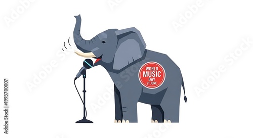 Powerful elephant singing into microphone for world music day celebration with badge on side in vector style