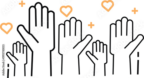 Hands raised with hearts and plus signs around  symbolizing love and approval