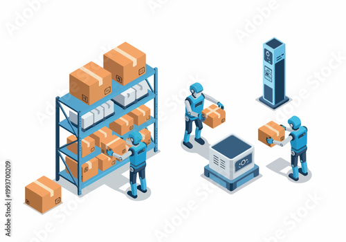 Automated warehouse with robots and shelves in a vector illustration depicting modern logistics and trade-4