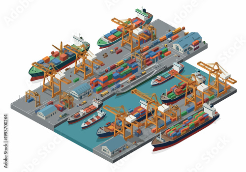 Isometric vector illustration of a busy shipping port with cargo ships and cranes