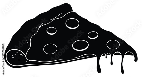 Black pizza slice with white outlines, melted cheese, and pepperoni toppings on isolated background for food illustration