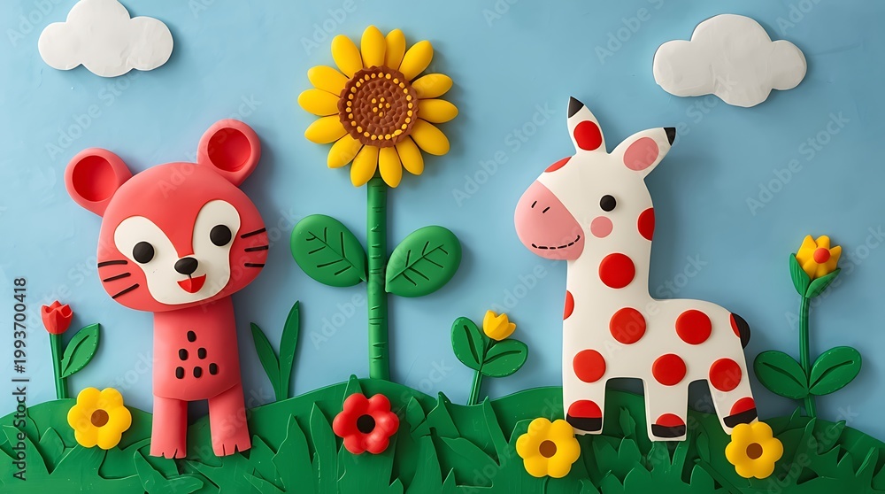 Naklejka premium Whimsical Clay Animals and Sunflower on a Playful Background.