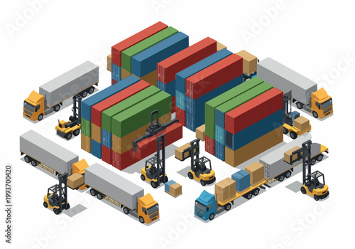 Vector illustration of logistics and freight shipping with containers, forklifts, and trucks