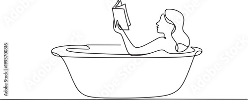 Continuous one line design of a woman is soaking in the bathtub while reading a book. Minimalist style vector illustration. one line Icon drawing